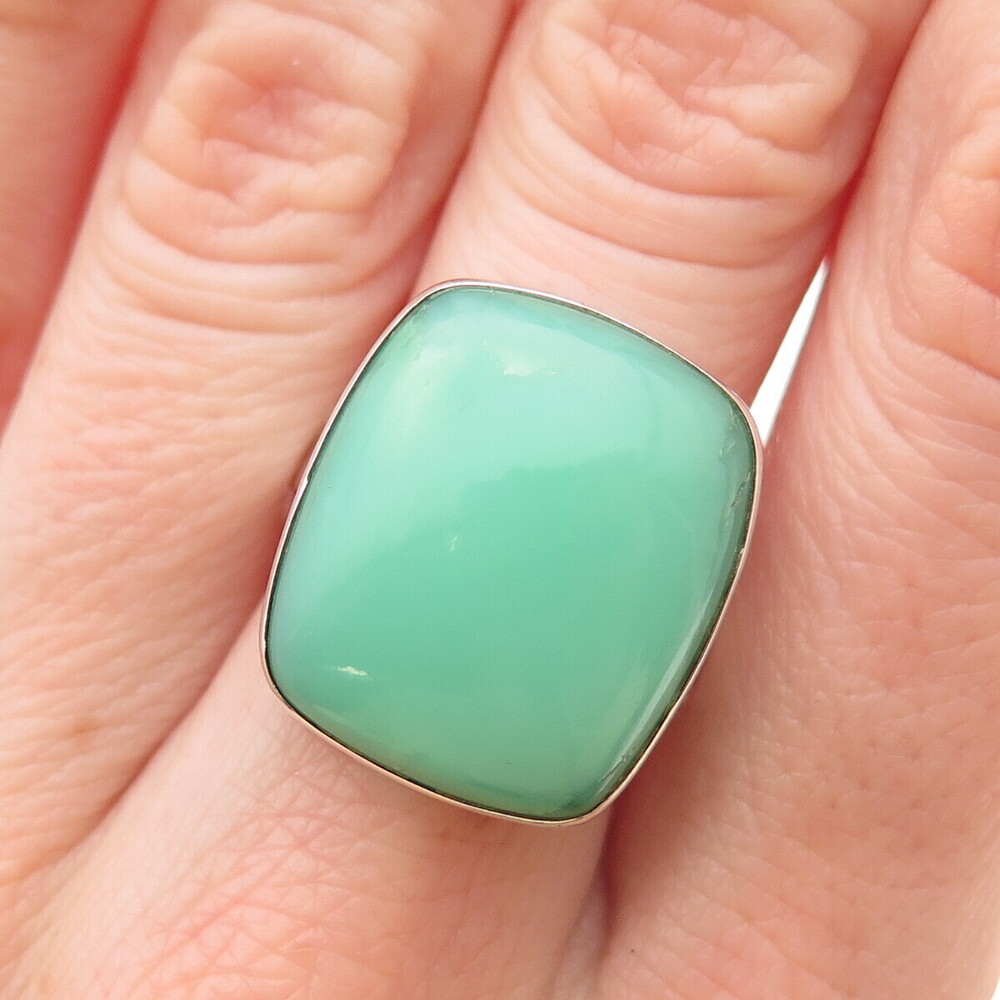 925 Sterling Silver Vintage Real Cabochon Chrysoprase Ring Size 7.75